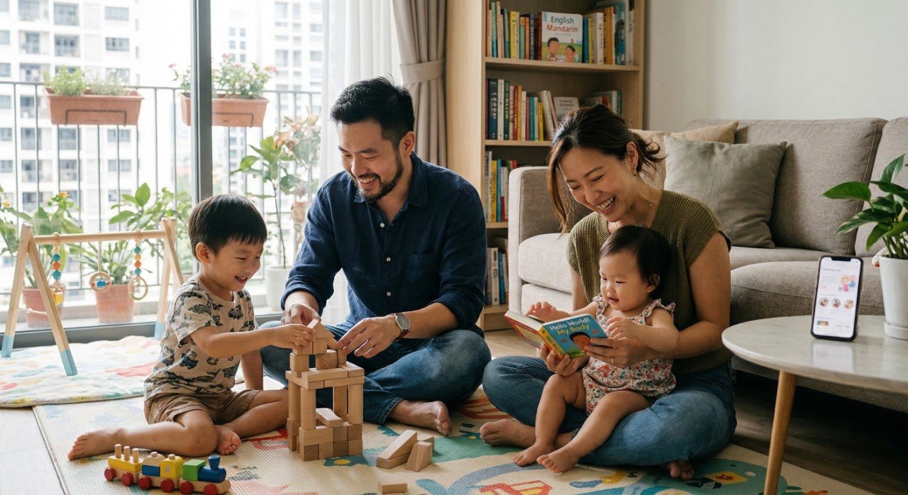 Happy Singaporean family at home — parents playing with children